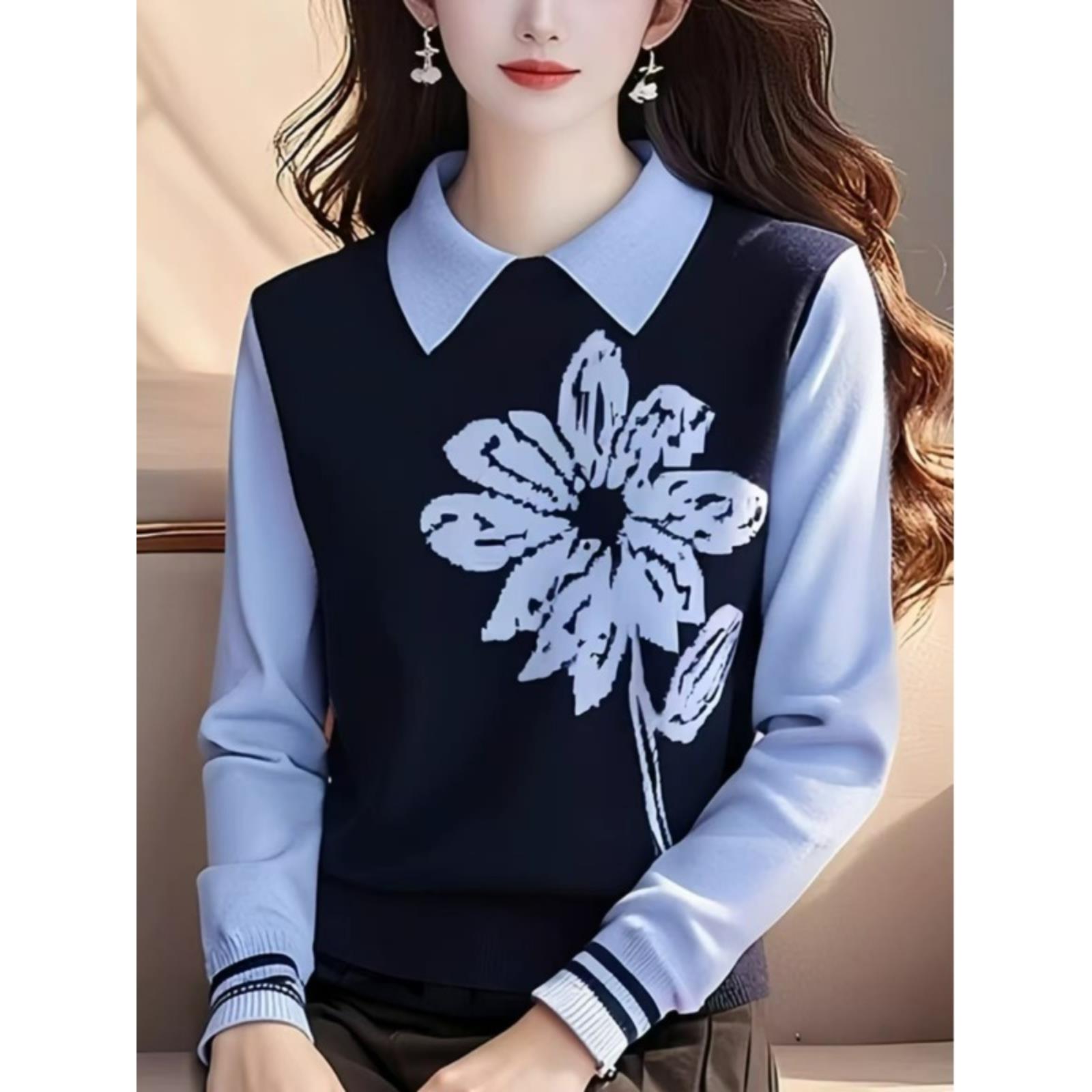 JOYIASS2025新款法式风蓝色翻领假两件毛衣女装春秋针织打底衫高