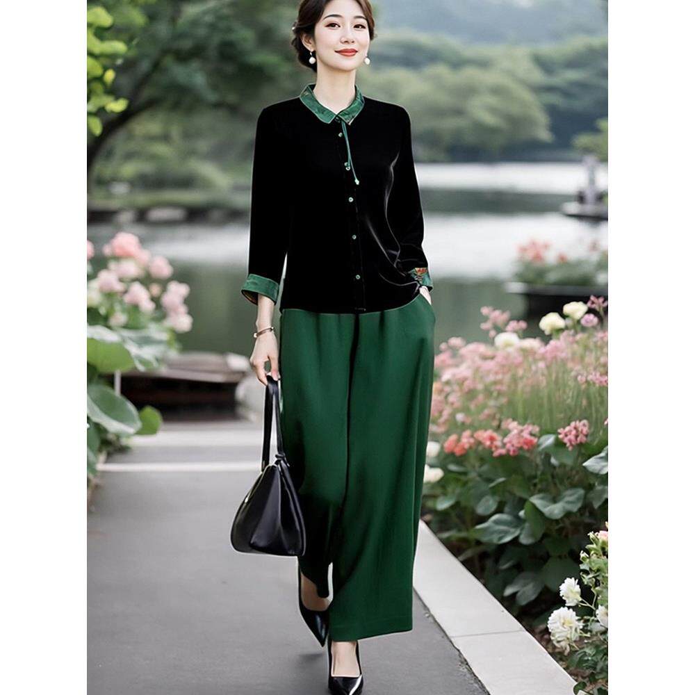 JOYIASS2025新款金丝绒套装女装春秋撞色拼接翻领上衣松紧腰休闲