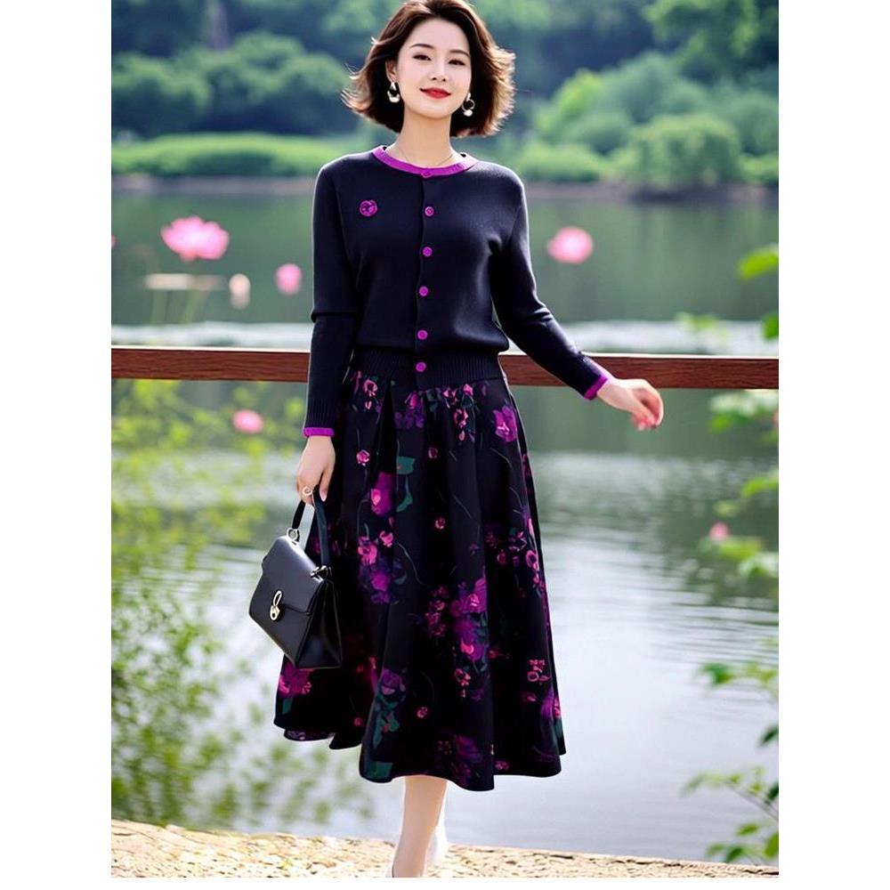 JOYIASS2025新款贵夫人套装女装春秋山茶花撞色针织衫松紧腰半身