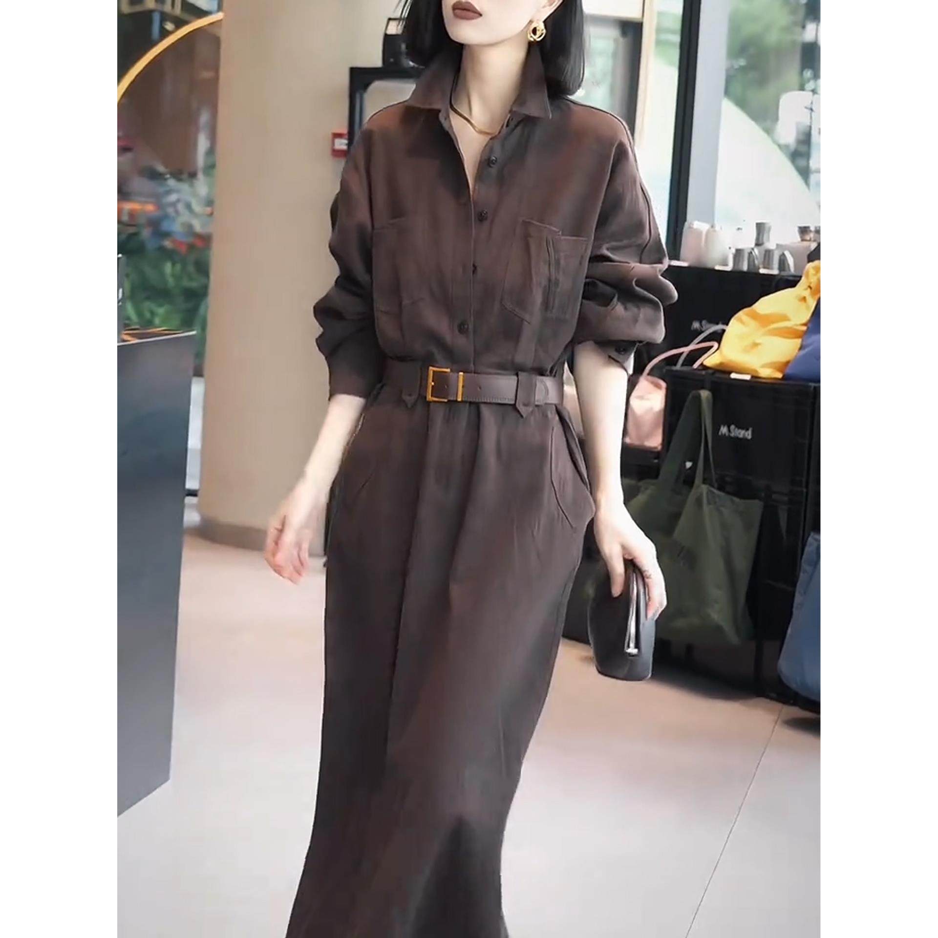 JOYIASS2025新款咖色翻领长袖收腰连衣裙女装春秋正式场合高级感