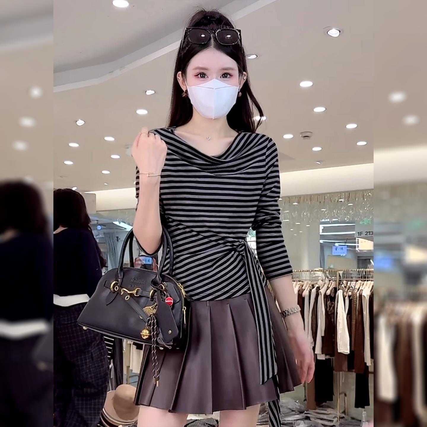 JOYIASS2025新款咖色侧边绑带长袖t恤女装秋冬打底衫韩系荡领上衣