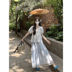 两件套 甜美学院风蕾丝衫 花边半身裙套装 女多巴胺穿搭夏季 绣花衬衫