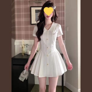 韩系学院风领短袖 气质收腰甜美初恋百褶短裙 衬衫 连衣裙女夏季