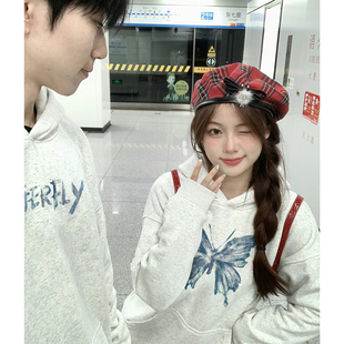 不一样的情侣装卫衣秋冬款2025新款加绒灰色网红特别的连帽外套装