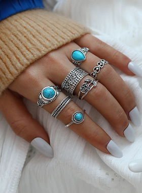 New fashion accessories Bohemian turquoise rose ring set戒指