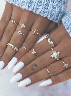 戒 New Retro Crown Diamond Star Moon Joint ring 13 Piece Set