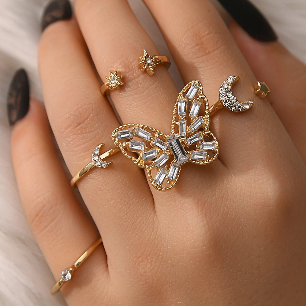 Diamond inlaid butterfly piece set butterfly open Joint ring