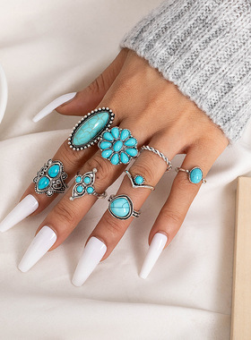 woman Ring Retro Bohemian Turquoise Joint Ring Set Rings戒指