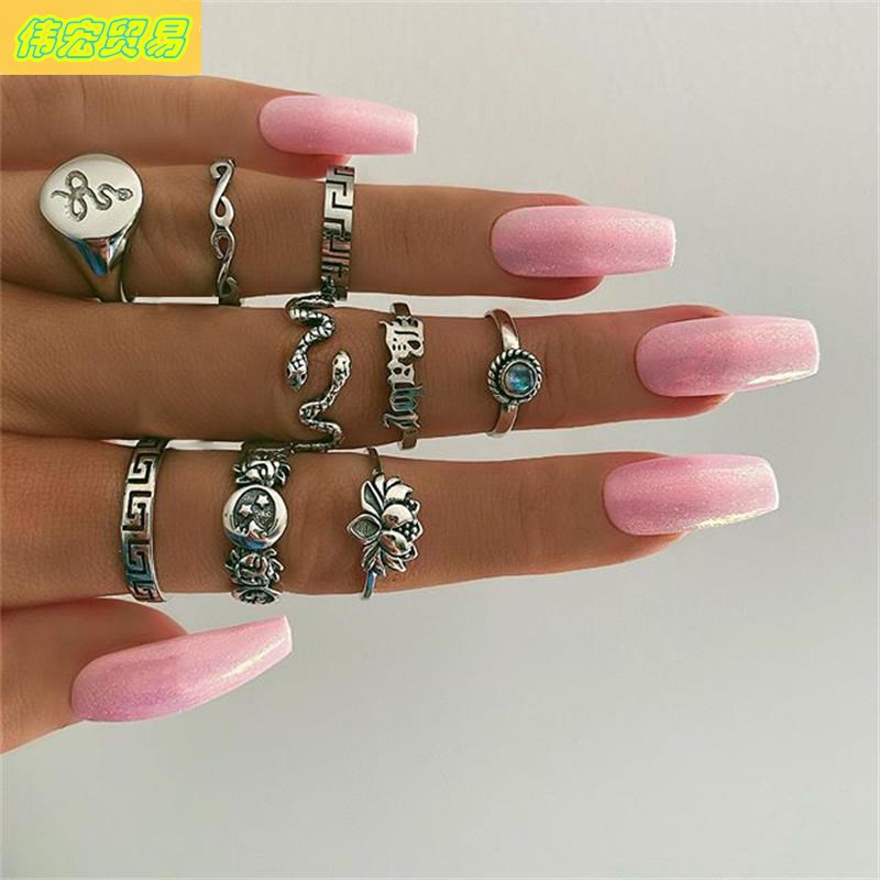 Snake knuckle rings star diamond joint ring 9pcs set jewelry 饰品/流行首饰/时尚饰品新 戒指/指环 原图主图