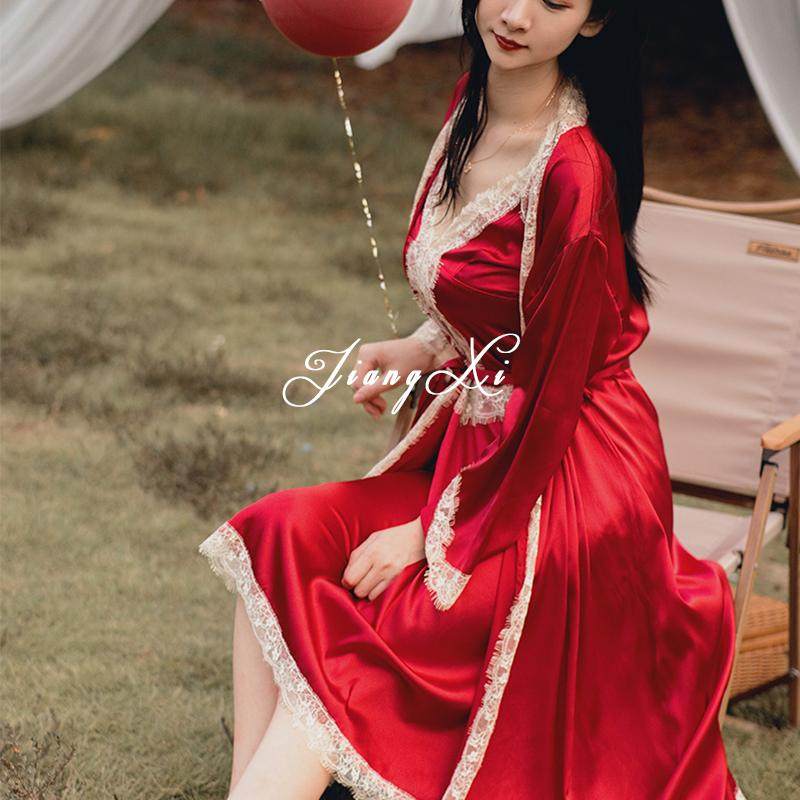 酒红色丝绸晨袍女士2025春夏结婚长裙冰丝垂感睡裙蕾丝袍吊两件套