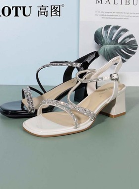 高图时装凉鞋女2025夏季新款粗跟水钻气质一字带凉鞋女5585-31072