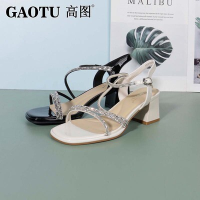 高图时装粗跟水钻气质一字带凉鞋