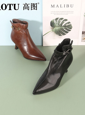 高图时装靴女2024冬季新款羊皮尖头细高跟时尚气质短靴7418-80311