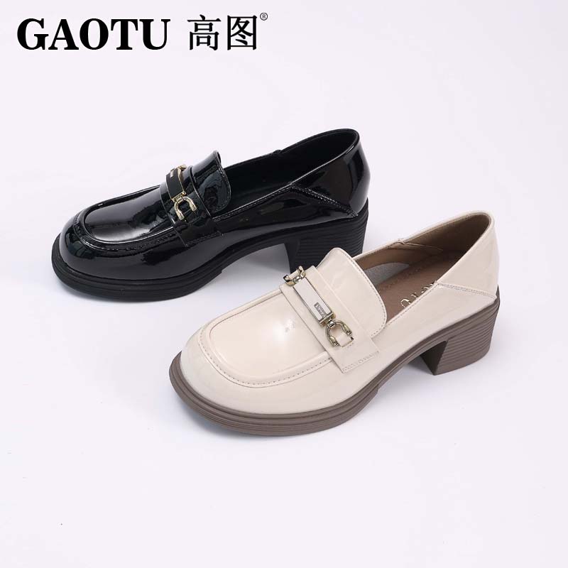 高图漆皮粗跟时尚简约百搭乐福鞋