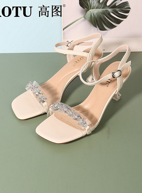 高图一字带凉鞋女2024夏季新款露趾透明水钻优雅高跟鞋0486-30972