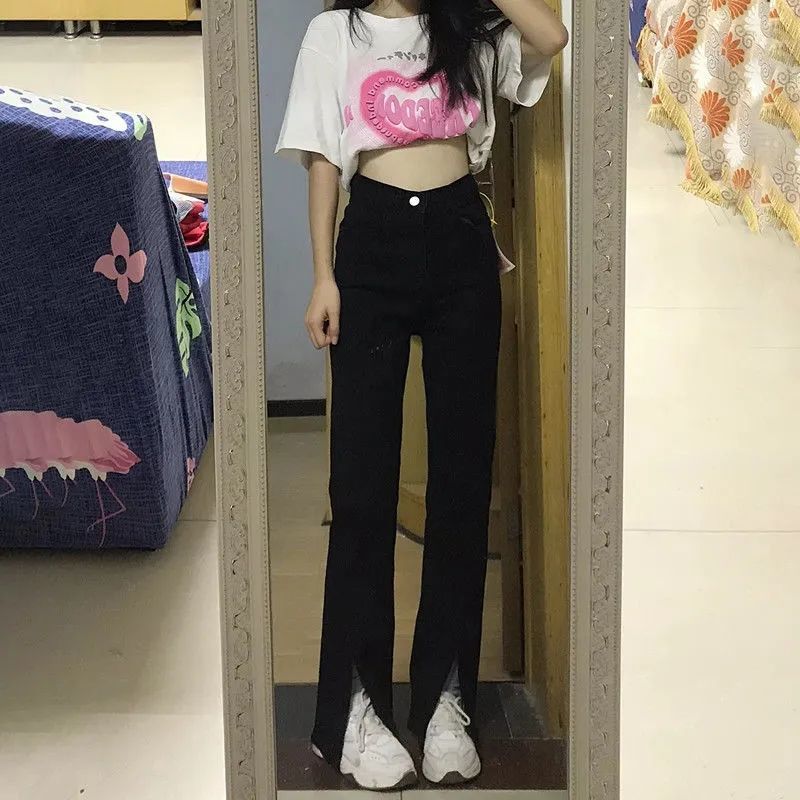高腰黑色开叉直筒裤女秋季新款韩版宽松显瘦分叉阔腿牛仔裤ins潮