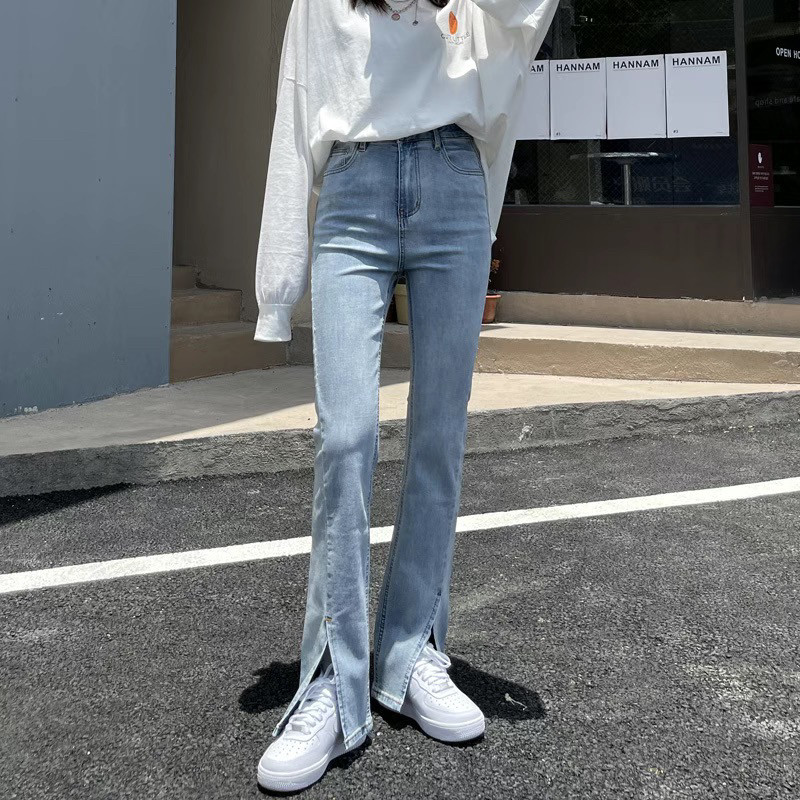 开叉牛仔裤女春秋新款高腰显瘦小牛仔裤