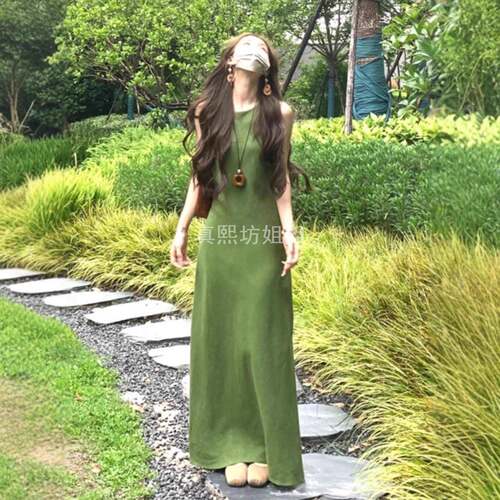 法式复古绿色吊带背心连衣裙｜