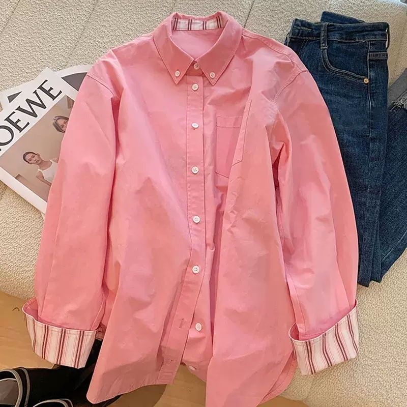 韩系简约拼接甜美条纹衬衫女春装新款宽松休闲设计感小众长袖-第4张图片-提都小院