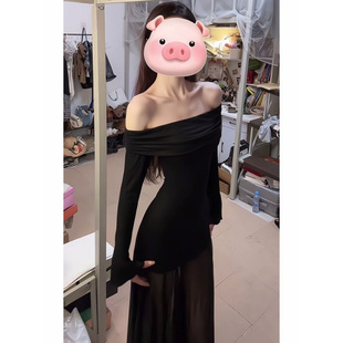 黑色网纱一字肩连衣裙女秋季纯欲气质辣妹小个子修身显瘦长袖长裙