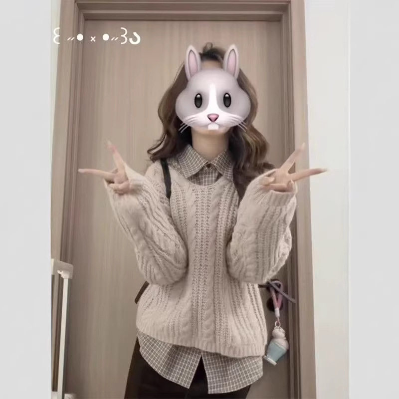 韩系甜美复古宽松麻花针织套头毛衣女学生秋季+格纹衬衫两件套装