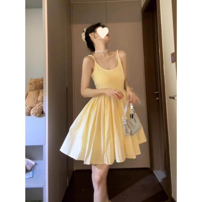 法式黄色吊带连衣裙女夏季