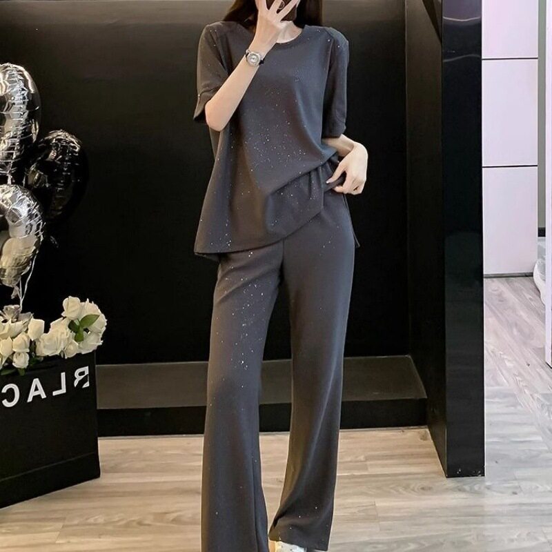 大码夏季新款小个子胖MM纯色女装短袖恤阔腿裤休闲运动套装