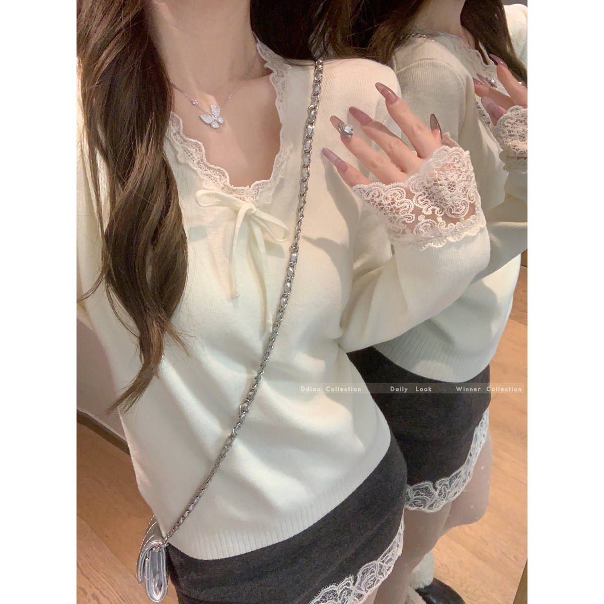 秋冬韩版v领蕾丝边甜美温柔针织衫安迪绒打底衫毛衣