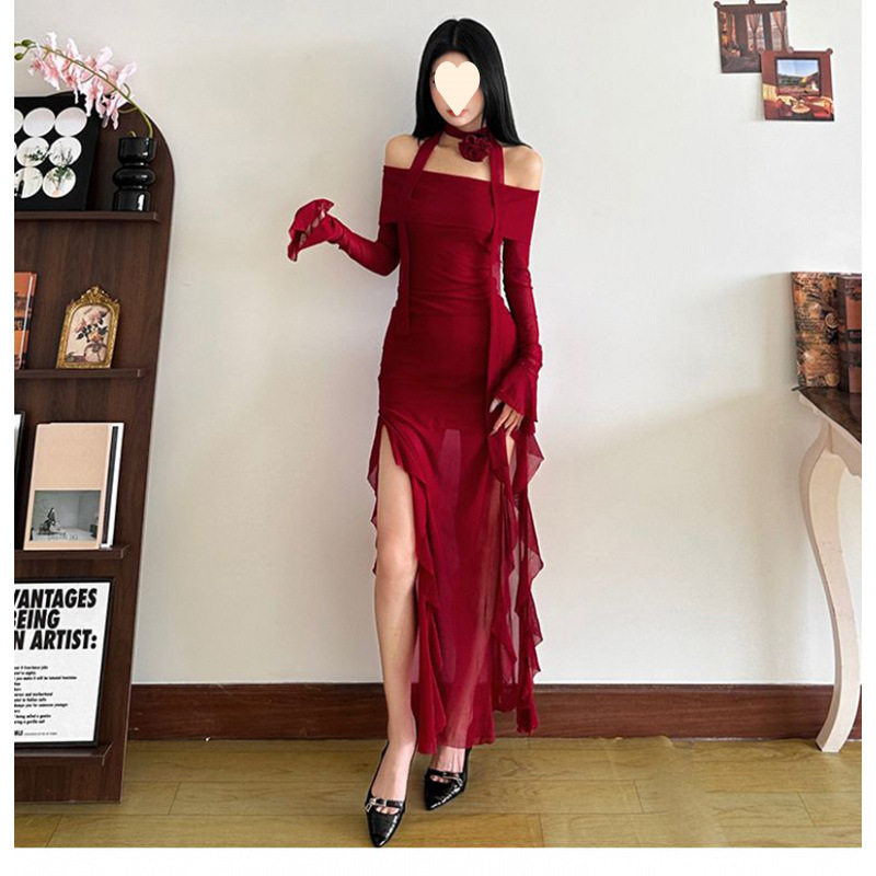 新中式一字肩网纱长袖连衣裙女夏季性感修身包臀鱼尾礼服旗袍长裙