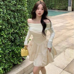 纯欲辣妹一字肩长袖连衣裙女秋季时尚感气质蓬蓬裙收腰小个子短裙