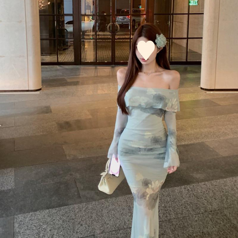 新中式一字肩网纱长袖连衣裙女夏季性感修身包臀鱼尾礼服旗袍长裙