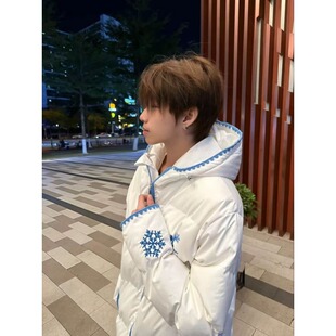 美式复古雪花贝壳刺绣加厚保暖连帽外套棉衣男女冬季情侣宽松棉服