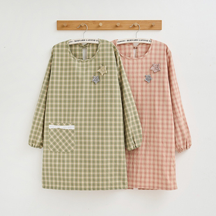 韩版纯棉格子围裙家用厨房反穿罩衣防油长袖大人女士时尚做饭护衣