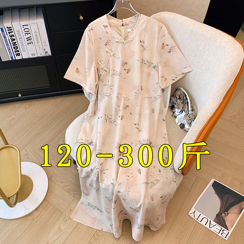 300斤特大码新中式国风碎花连衣裙女200斤胖mm显瘦短袖旗袍长裙子
