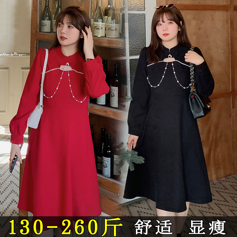 特大码气质新中式订婚收腰连衣裙女200斤胖mm新年红色A字礼服裙子