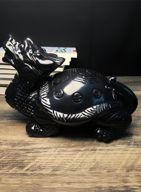 招财黑墨玉手工雕刻龙龟摆件
