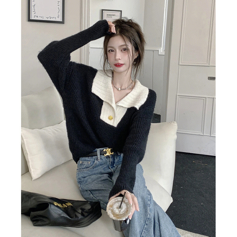 2022 AUTUMN AND WINTER NEW CONTRASTING LAPEL PULLOVER SWEATER WOMENS KOREAN VERSION OF THE FOREIGN STYLE IS VERSATILE SWEET AND GENTLE STYLE KNITWEAR