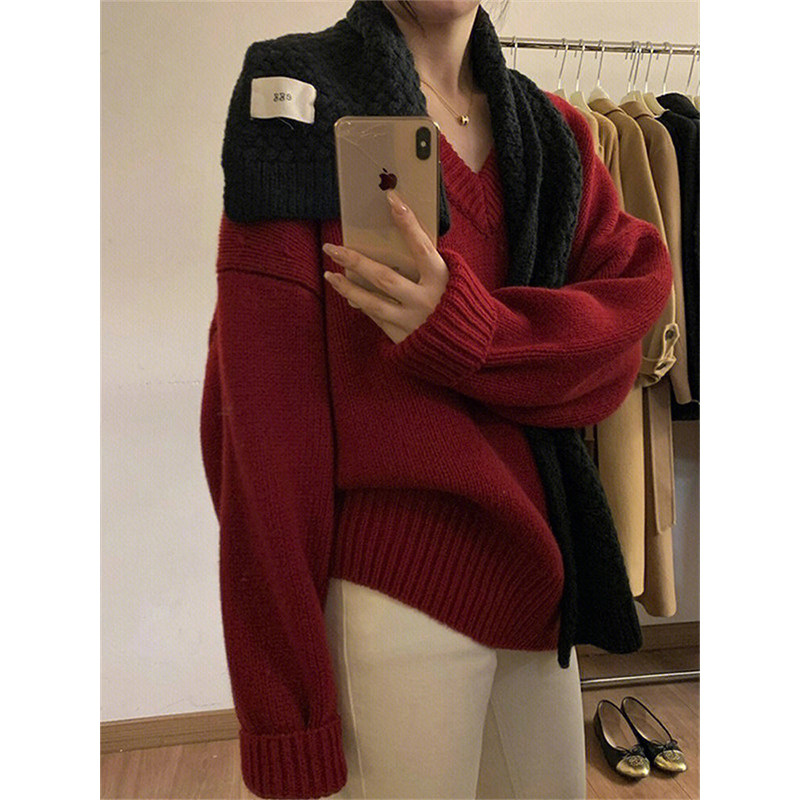 HONMEI NEW YEAR RED V-NECK KNITTED SWEATER WOMENS 2022 WINTER SENSE OF LUXURY LAZY STYLE FASHION PULLOVER TOP TOP