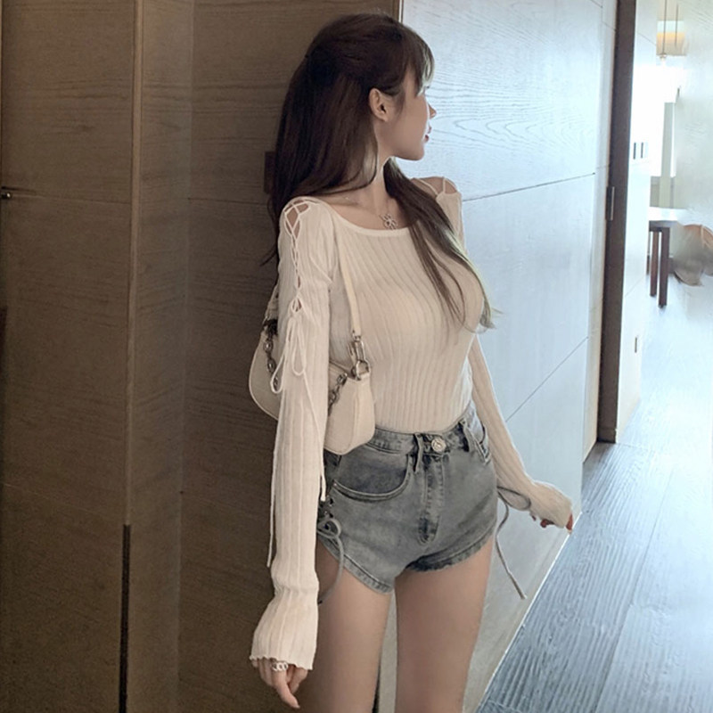 BEWARE OF THE MACHINE NET RED CUT-OUT STRAPPY KNITWEAR 2024 AUTUMN NEW OFF-THE-SHOULDER LONG-SLEEVED SLIM TEMPERAMENT FASHION TOP