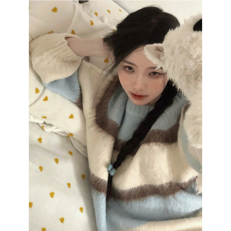 JAPANESE LAZY STYLE SOFT WAXY BLUE STRIPED PULLOVER SWEATER WOMENS NEW WINTER HIGH-END HOLLOW OFF-THE-SHOULDER KNITWEAR