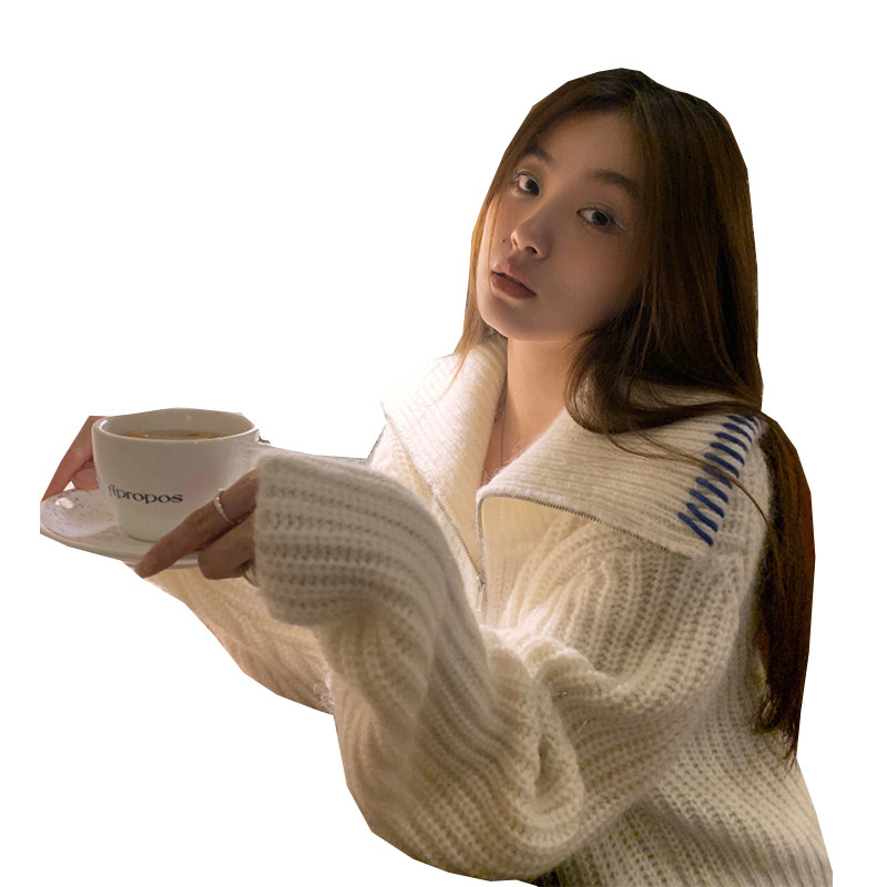 DESIGNED A SLOUCHY NAVY COLLAR ZIPPERED CROPPED KNIT FOR AUTUMN AND WINTER VINTAGE TURTLENECK SWEET AGE-REDUCING SWEATER JACKET