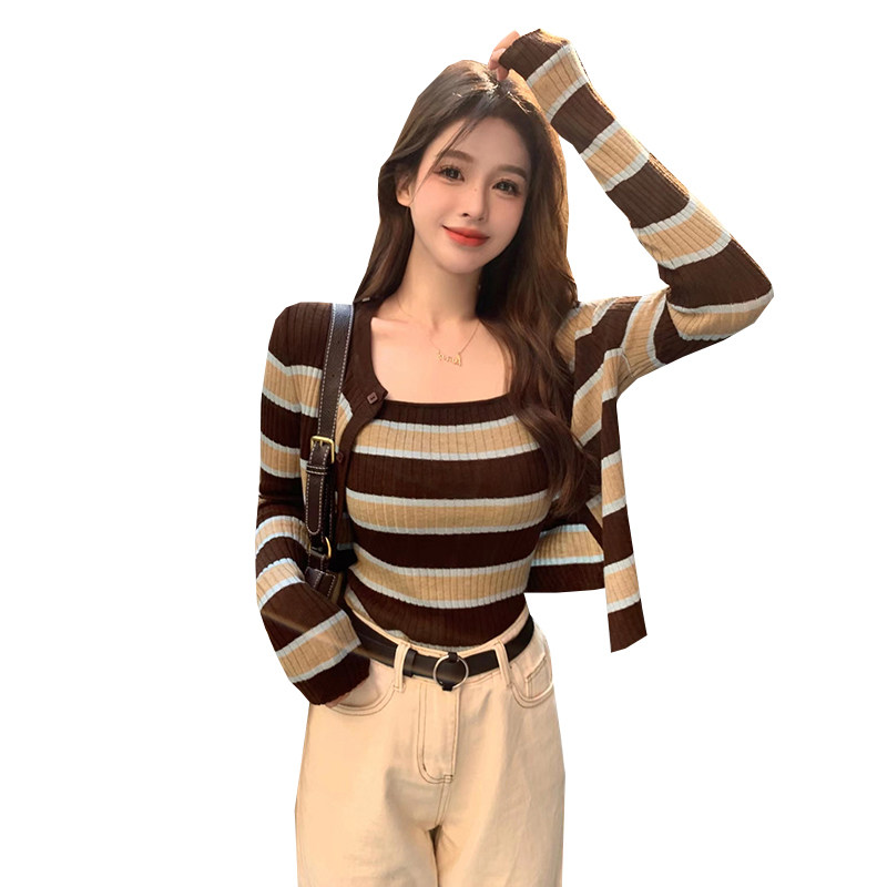 FASHIONABLE CONTRASTING STITCHED STRIPED KNITTED CARDIGAN WOMENS AUTUMN KOREAN VERSION SLIM CROPPED CROP TOP TWO-PIECE TREND