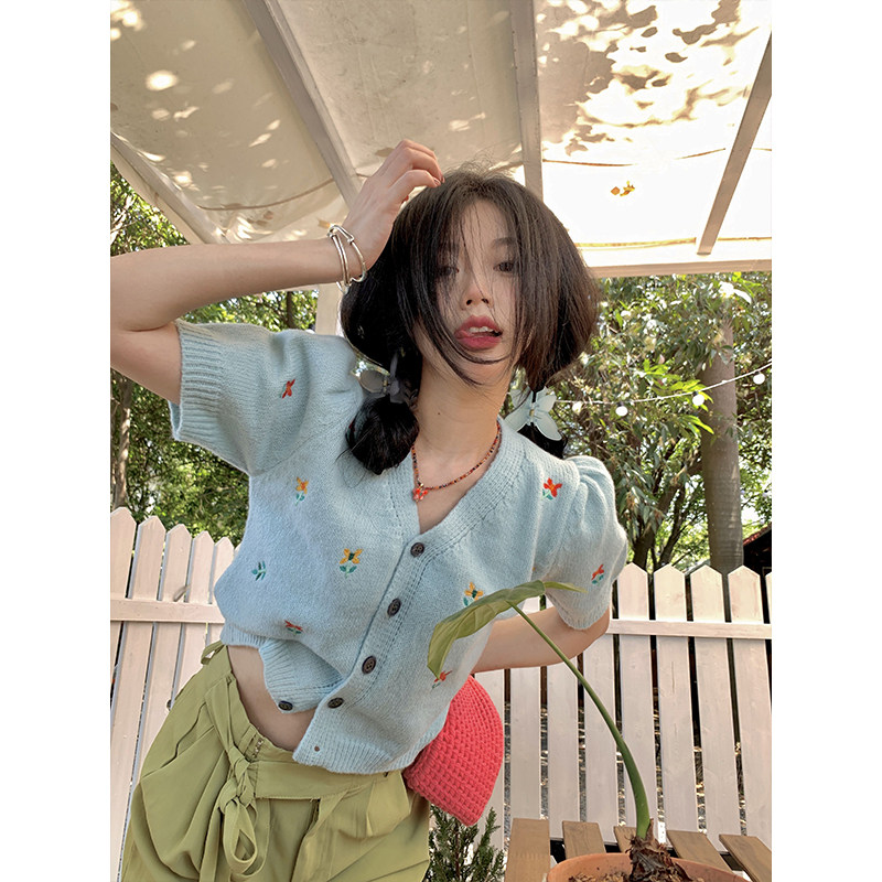 SMALL FRESH DESIGN SENSE V-NECK FLORAL SHORT-SLEEVED KNITTED CARDIGAN WOMENS SUMMER SLIM TEMPERAMENT FOREIGN CHIC TOP INS