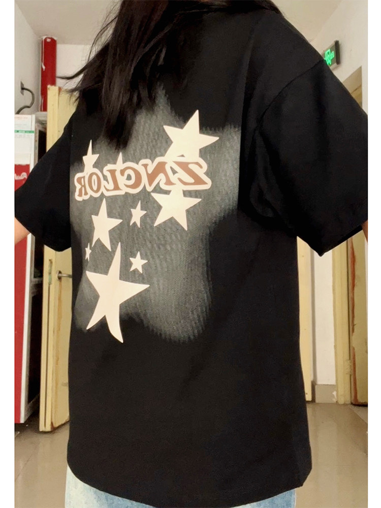 AMERICAN RETRO FASHION BRAND STAR PRINT SHORT-SLEEVED T-SHIRT SUMMER LOOSE AND VERSATILE MALE AND FEMALE COUPLES MID-LENGTH TOPS INS