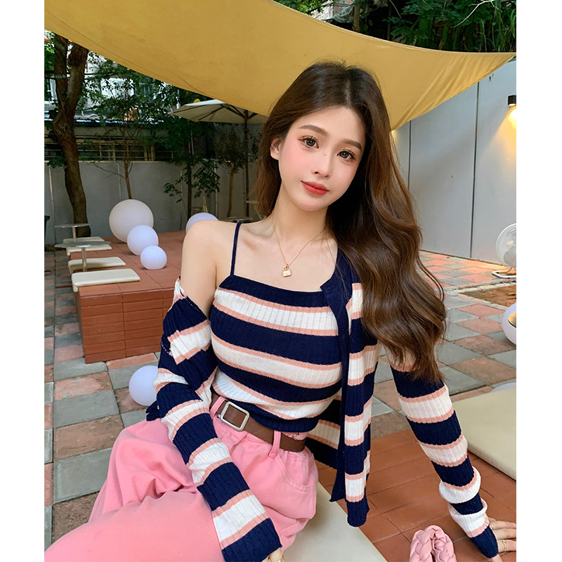 FASHIONABLE CONTRASTING STITCHED STRIPED KNITTED CARDIGAN WOMENS AUTUMN KOREAN VERSION SLIM CROPPED CROP TOP TWO-PIECE TREND