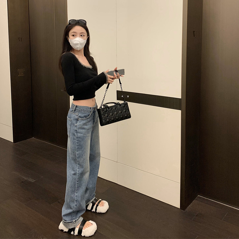 BLACK AND WHITE CONTRASTING STITCHING CROPPED KNIT SWEATER WOMENS DESIGN SENSE SLIM SLIM PULLOVER SQUARE NECK LEAKY COLLARBONE BASE SHIRT