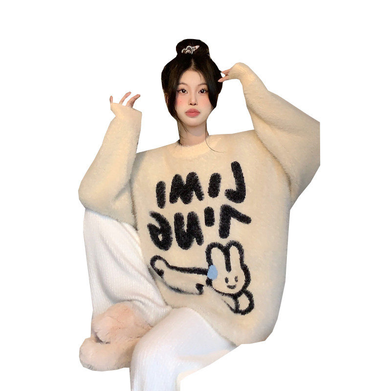 CARTOON BUNNY LETTERS MINK PULLOVER KNITTED SWEATER WOMENS TRENDY BRAND DESIGN LAZY STYLE CUTE PADDED TOP