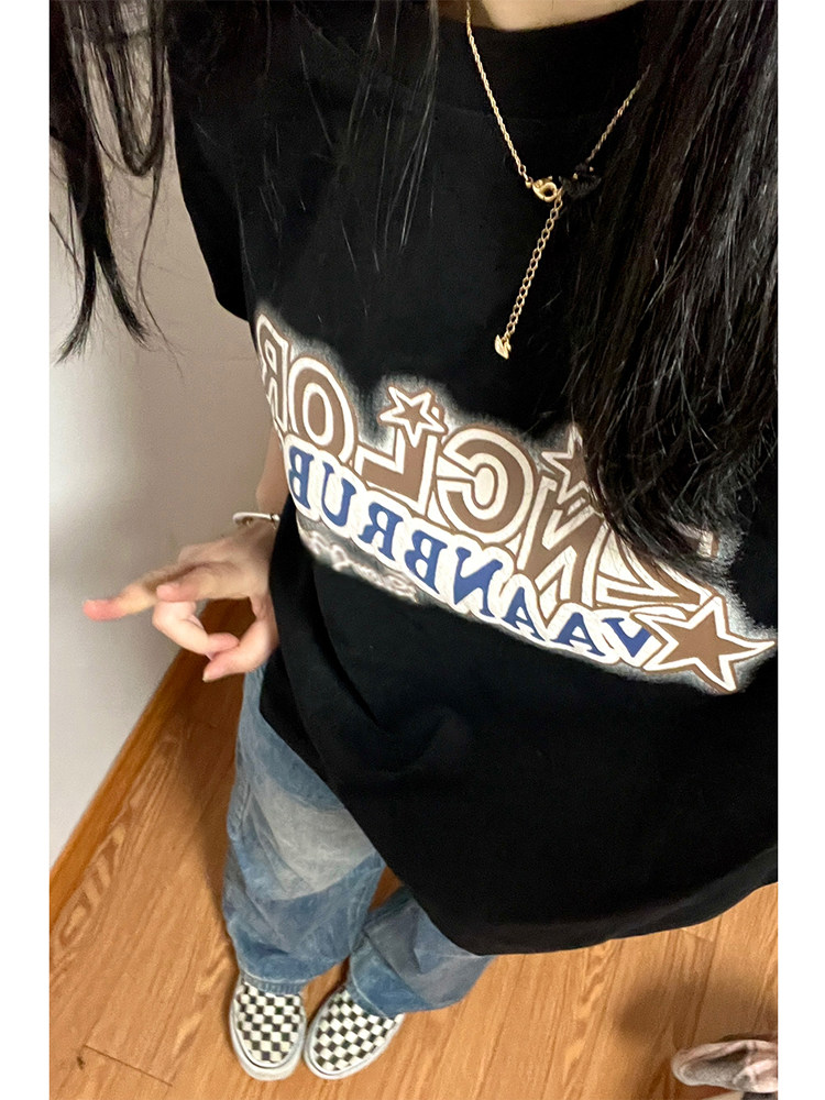 AMERICAN RETRO FASHION BRAND STAR PRINT SHORT-SLEEVED T-SHIRT SUMMER LOOSE AND VERSATILE MALE AND FEMALE COUPLES MID-LENGTH TOPS INS