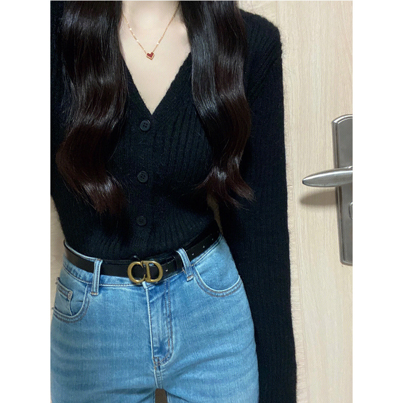 RETRO LUXURY BLACK VERSATILE V-NECK CROPPED CARDIGAN 2023 WINTER FASHION TEMPERAMENT LONG-SLEEVED KNITWEAR SWEATER