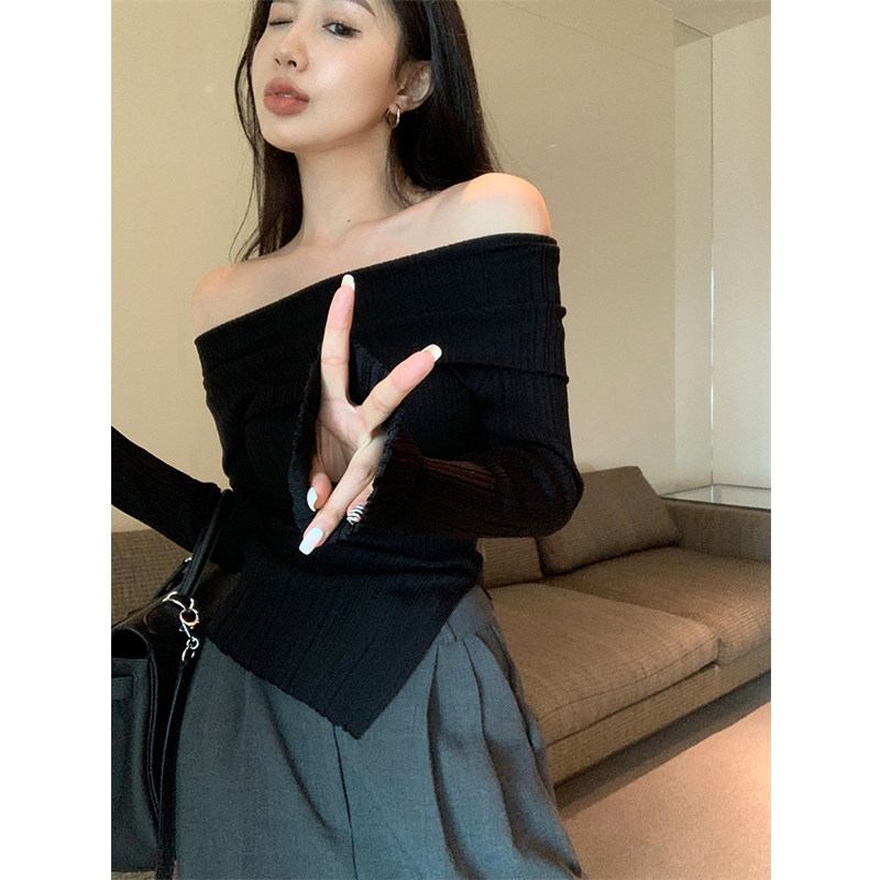 AUTUMN THIN GENTLE PURE ONE-SHOULDER KNITWEAR CHIC DESIGN SLIM FIT IRREGULAR SLIT BASE LAYER